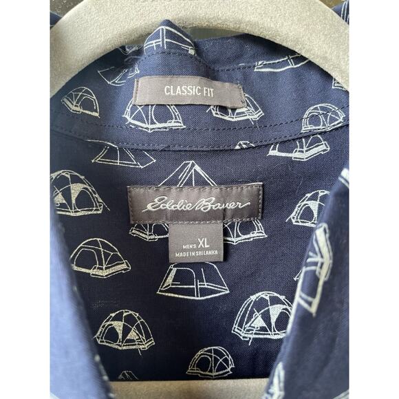 Eddie Bauer Shirt Mens XL Button Up Blue Short Sleeve Camp Tent All Over Print - Picture 4 of 8